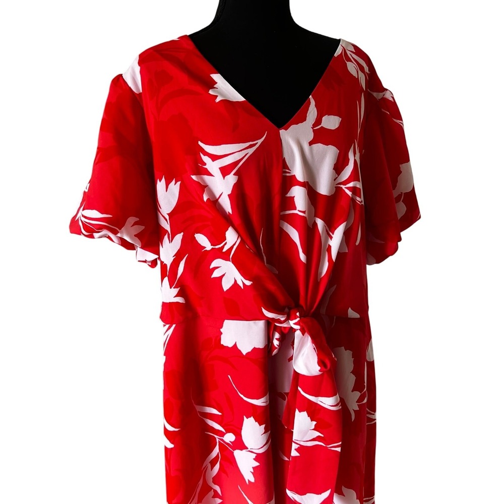 Lane Bryant Red Floral V-Neck Tie Front Midi Dress Plus Size 22 Spring Summer - Picture 4 of 10